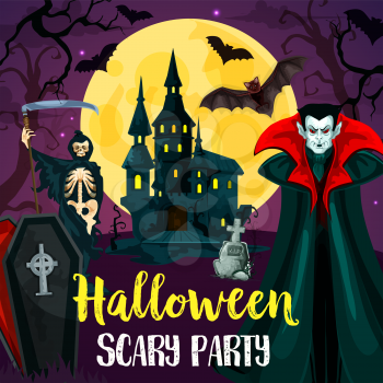 Halloween night scary party invitation of october horror holiday celebration. Haunted castle with creepy tree and cemetery, full moon and flying bat, dracula vampire, death skeleton and coffin