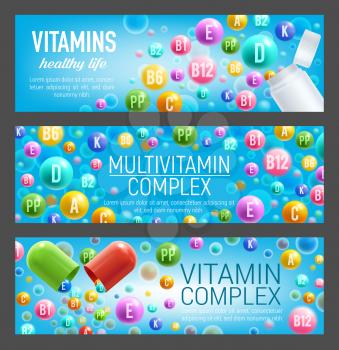 Multivitamin complex of vitamin and mineral pills. Bottle and open capsule with poured out colorful pill of A retinol, C ascorbic acid and B group vitamin. Food supplement and health care design