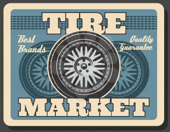 Spare car wheel banner with tire track. Tire fitting and repair service, vintage style poster