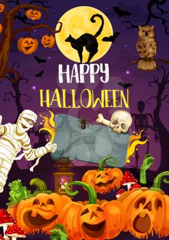 Happy Halloween greeting card with autumn holiday horror monsters at cemetery. Orange pumpkin, creepy zombie and skeleton skull, full moon, black cat and spider, october night party invitation