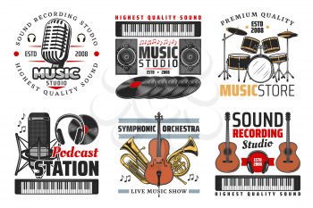 Music shop, sound record studio and podcast station icons with guitar, microphone and headphones, drum set, vinyl records and notes. Symbols with musical instrument and equipment