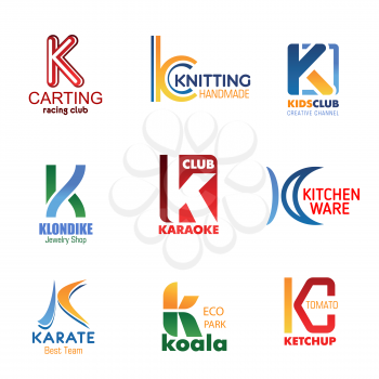 Letter K for brand identity design in carting or car racing sport club, handmade knitting salon and kids TV channel. Vector K symbol for jewelry shop, karaoke bar or kitchenware shop and karate team