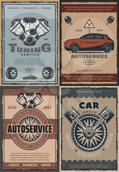 Car service and auto repair center, retro mechanic or garage station. Vector vintage design of engine motor tuning, tire pumping and fitting. Advertisement or spare parts store
