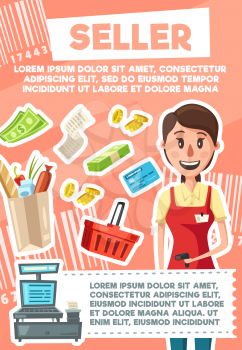 Seller profession poster of saleswoman, retail trade. Vector cartoon design of woman or girl in shop apron and bar code scanner, grocery in cart or basket on supermarket cash desk