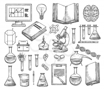 Science laboratory and research experiment sketch icons. Vector genetics DNA molecule, chemistry beaker or biology microscope and scientist book or human brain and lightbulb