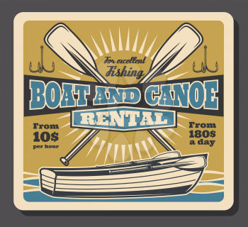 Fishing boat rental retro poster. Vector vintage design of fisher canoe with paddles and rod hooks, fisherman big fish catch and adventure