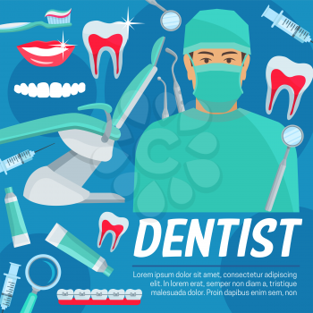 Dentist clinic poster, dental care center. Vector design of dental doctor with implants and orthodontic braces, pills or toothbrush and syringe, white smile teeth