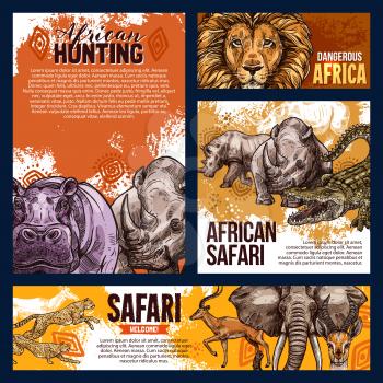 African safari hunting sketch banners and posters for open season or hunt adventure. Vector wild animals in Africa savanna lion, elephant or crocodile and gazelle with rhinoceros