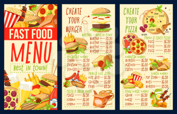 Fast food menu of fastfood snacks and meals. Cafe, restaurant or bistro. Vector dollar price of burgers or hot dog sandwiches, pizza and hamburgers, chicken nuggets or fries and popcorn