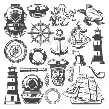 Nautical and marine sailing icons. Vector sketch of seafarer captain hat, ship helm or anchor on rope and lighthouse, retro frigate boat and diver aqualung, octopus or underwater turtle animal