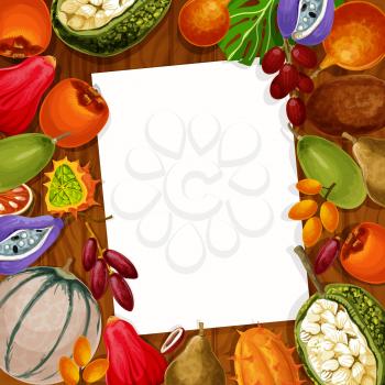 Recipe note or memo reminder blank of exotic tropical fruits. Vector design of kiwano, bael pear or star and mammee apple and loquat, persimmon and champakka or akebia fruit with marang and gandaria