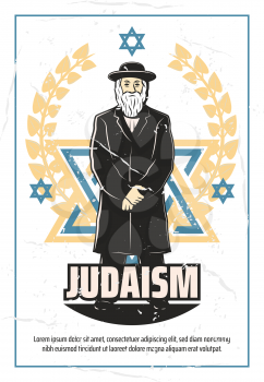 Judaism retro poster of Jewish symbols. Vector vintage design of Rabbi in traditional religious robe clothing on David Star and laurel wreath, synagogue or Jew religion community