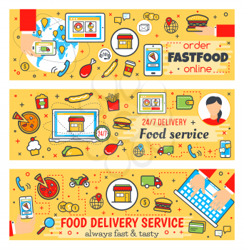 Fast food online delivery banners, fastfood cafe, restaurant or bistro. Vector thin line design of customer order a burger, pizza or hot dog sandwich, fries with popcorn from computer