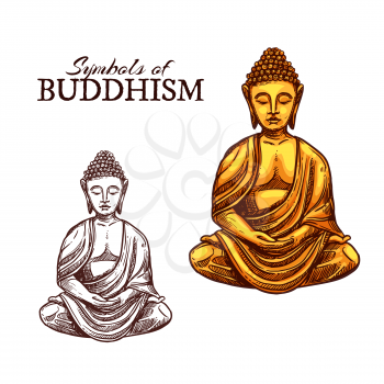 Vector icon of golden Buddha statue in Zen meditation spirit, Buddhist monastery and Indian, Chinese or Asian religious sign. Buddhism religion sketch symbol