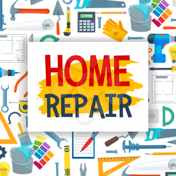 Home repair and renovation, construction tools. Vector carpentry hammer or saw, electric drill or screwdriver and bolts, trowel and paint brush or woodwork grinder