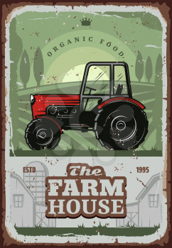 Farm house, farmer agriculture household. Vector vintage design of farm tractor or harvest combiner in on village arable field with wheat or rye grain barn