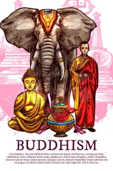 Buddhism religion sketch symbols. Vector golden Buddha statue in Zen meditation, Buddhist monastery monk with elephant and bumpa ritual vase. Religious signs