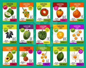 Exotic fruits price cards, farm market. Vector bergamot, mamonchillo and pu hala, kokona fruit, narangilla and cherimoya, sour apple and jambolan, lukuma, pandan and mombine, phyzalis and ban balan