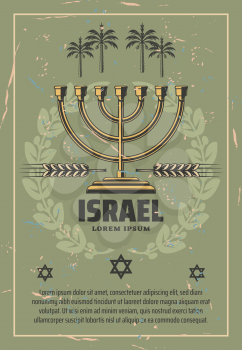 Israel retro poster, Jewish community or Judaism religion. Vector vintage design of Hanukkah Menorah lampstand and Magen David Stars in palm laurel wreath
