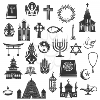 World religions symbols and religious signs. Vector Christianity crucifix cross and Orthodox or Catholic bible, Judaism star and Islam Koran, temple and menorah, mosque and torii gate, dove and hamsa, yin yang and angel