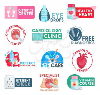 Medical clinic or healthcare medicine icons. Vector isolated cardiology heart pills, otolaryngologist and dietetics health center, ophthalmology diagnostics or doctor consolation and eyesight check
