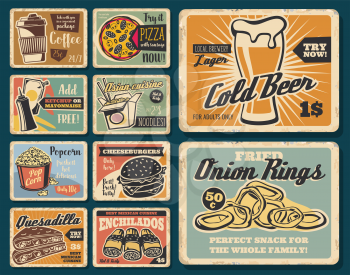 Fast food snacks and meals. Fastfood cafe, restaurant or bistro menu. Vector vintage posters of coffee, beer or Asian noodles, popcorn and onion rings, burger and Mexican enchilada and quesadilla
