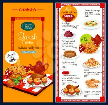 Danish cuisine traditional food menu. Vector lunch offer discount for breakfast porridge with raspberry jam, ham and cabbage soup, salad of currant juice and apple strudel, chicken in tomato or cheese