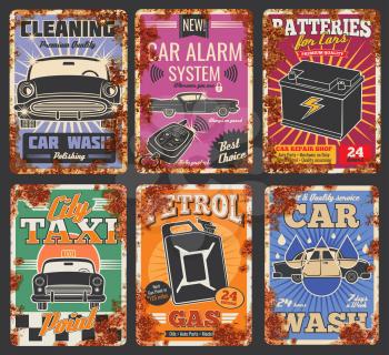 Car and auto service cards or retro posters with rust effect. Vector vintage rusty design for car wash or mechanic repair and petrol station, garage tire fitting, taxi and spare parts store
