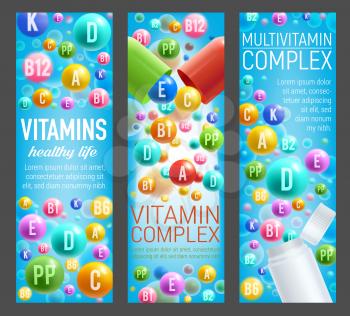 Vitamins or multivitamin complex banners for healthy food and nutrition. Vector capsules and minerals pills of vitamin B, C or D and E or ascorbic acid for dietary supplement or package design
