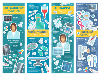 Rheumatology, surgery and oncology medicine banners for clinic therapy. Vector design of rheumatologist, surgeon and oncologist therapist doctors with pills and medicines, scalpel or syringe