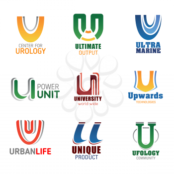 Letter U icons for design in urology medicine, energy and power industry or university education and ufology science. Vector letter U symbols for business, technology or sport and clinic