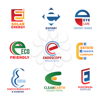 Letter E icons for company corporate identity in technology, medicine and ecology industry. Vector letter E symbols for solar energy, export service or medical center and electrical supplies