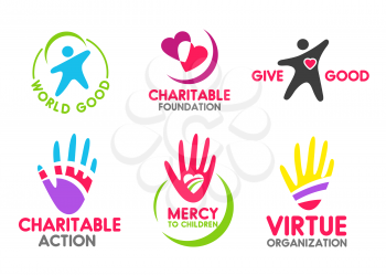 Charity icons of people red heart and helping hand for mercy and donation organization. Vector symbols for volunteering action company or blood donor and money fund