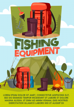 Fishing equipment poster of fisherman camping and tackles items. Vector cartoon design of tent, rubber wader boots or bowler with thermos and fish rod or haversack with baits and floats