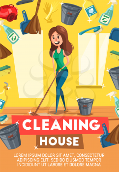 House cleaning poster or woman mopping floor. Vector cartoon design of household appliances and home clean items, duster brush, vacuum cleaner or detergent soap and glass polisher