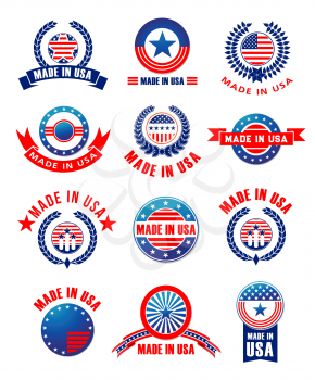 Made in USA premium quality icons, labels and ribbons. Vector isolated set of product tags for American original warranty of America flag stars and stripes in laurel wreath