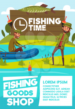 fishing goods shop or store poster of fisher men with rod in rubber boat at lake or river. Vector cartoon design of fisherman tackles and equipment for big fish catch