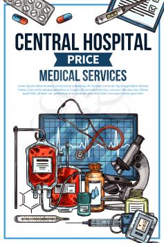 Central hospital price list for medical services. Vector sketch medicines or diagnostic equipment and treatments, blood transfusion dropper, doctor stethoscope and microscope or ointments and syringe