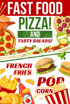 Fast food menu poster for fastfood cafe, restaurant or bistro. Vector Italian pizza and Mexican burrito or Chinese noodles, cheeseburger or hot dog sandwich and chicken nuggets with fries or popcorn