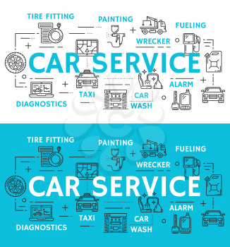 Car service icons for mechanics and repair station or diagnostics poster. Vector thin line instruments and automobile spare parts for car painting and tuning, fueling and wrecker service or car wash