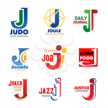 Letter J icons for company design or corporate identity in sport, music or media press and management industry. Vector letter J symbols for energy innovation technology, flowers shop or justice