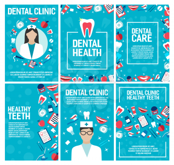 Dental clinic brochure for dentistry surgery and health. Vector design of dentist doctor and teeth treatments and pills, implants and orthodontic medical braces, smile with toothpaste and toothbrush