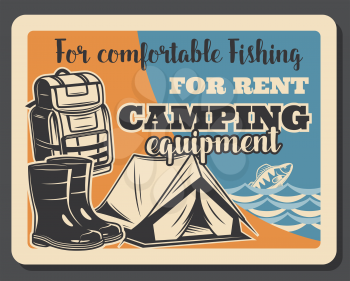 Fishing camping retro poster or fisherman equipment and tackles. Vector vintage design of tent, rubber boots or waders and fisher haversack or backpack with baits and bobbers or rod for fish catch