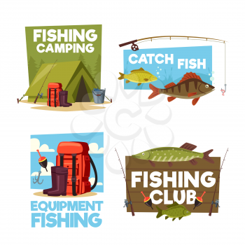 Fishing camping or fisher club posters or icons of fisher equipment. Vector rod, ten and haversack with thermos, bobber or float and big fish catch in lake or river