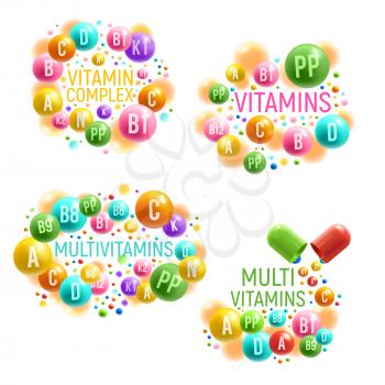 Vitamin and multivitamin complex posters for healthy life and dietary supplements package design. Vector vitamin capsules and mineral pills for pharmacy advertisement