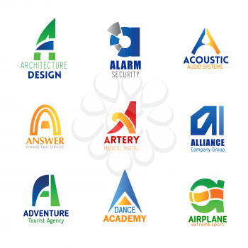Letter A icons for company corporate identity in architecture design, alarm security and audio system technology. Vector letter A symbols for consulting, medical service or sport and dance academy