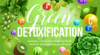 Green diet healthy eating and detoxification nutrition program. Vector poster of vitamins and minerals in green vegetable salads food, berries and tropical exotic fruits