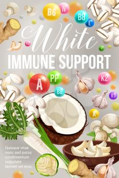 White diet for immune support, healthy eating and detox nutrition program. Vector poster of vitamins and minerals in white vegetable salads food, mushroom and plant roots or nuts