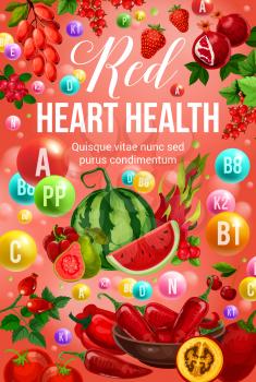 Red diet for heart health nutrition and natural food eating program. Vector poster of vitamins and minerals or multivitamin complex in red organic vegetables and farm fruits or berries