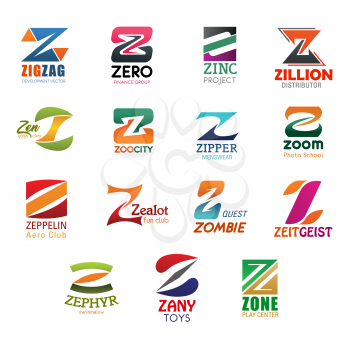 Letter Z icons for business company and corporate design. Vector Z symbols for development, finance or trade project, menswear and club or distributor center and photo school